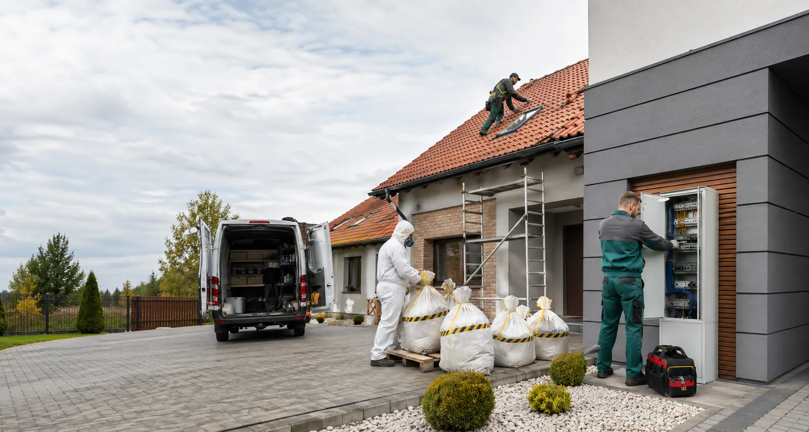 Technická firma pracuje na střeše, elektroinstalaci a bezpečném odvozu odpadu