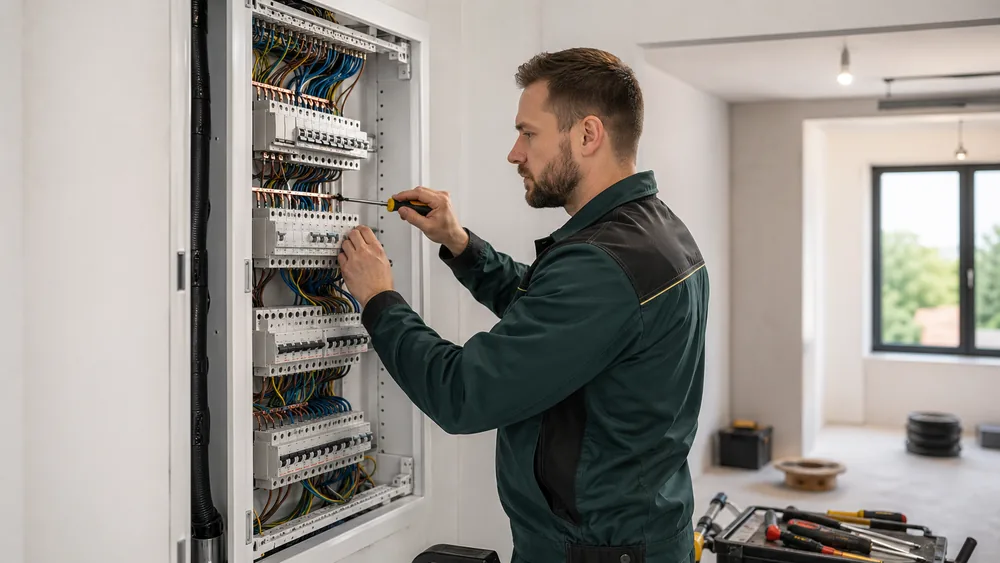 Elektrikář pracuje na rozvaděči v technické místnosti