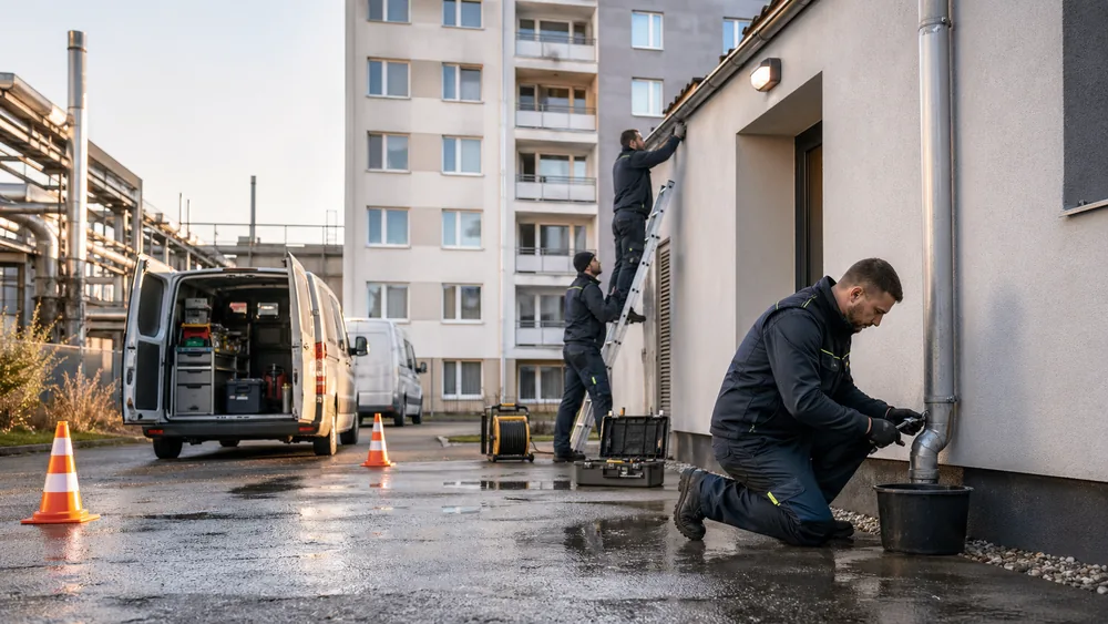 Technici řeší havarijní stav u objektu a průmyslového areálu